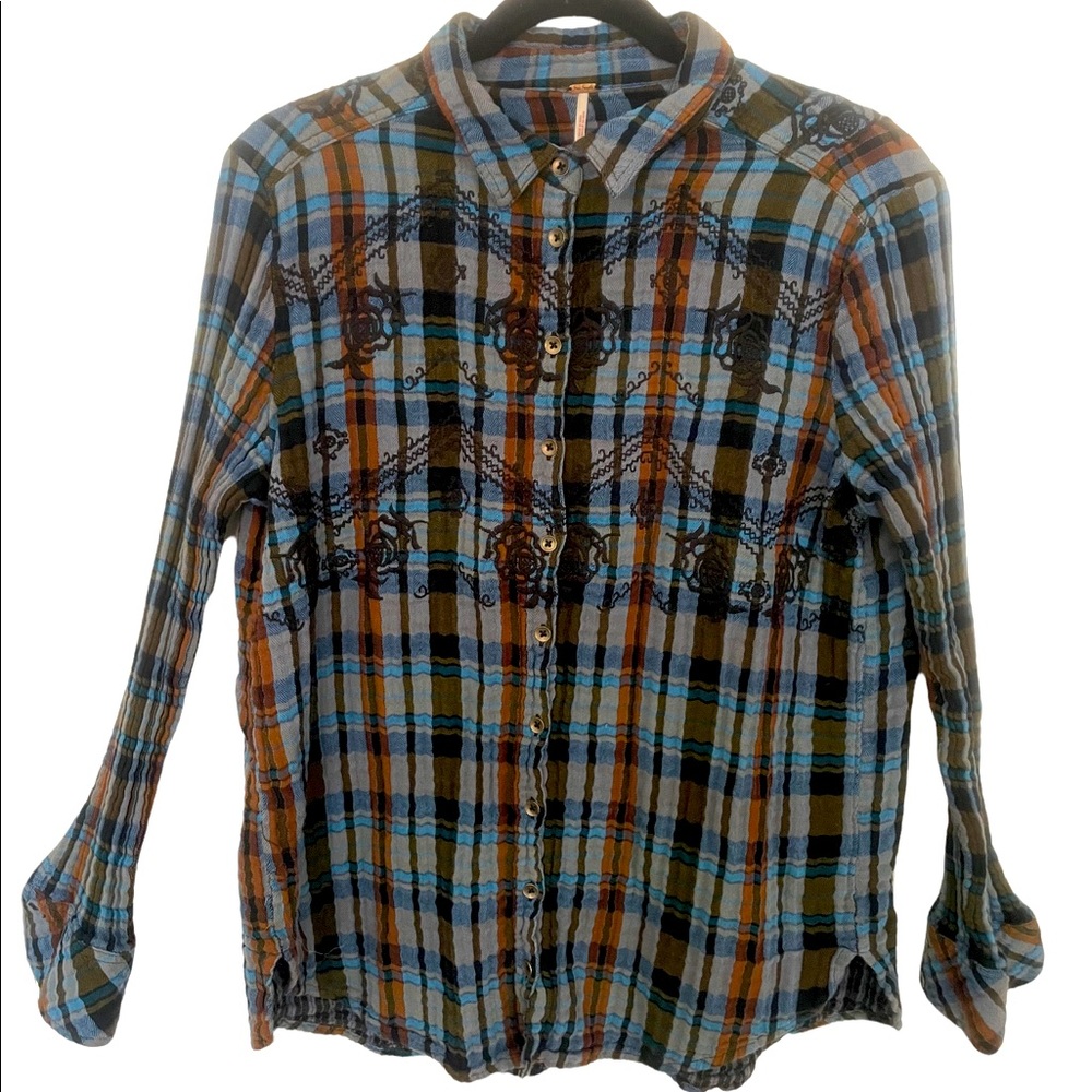 Free People Plaid Embroidered Button Down L